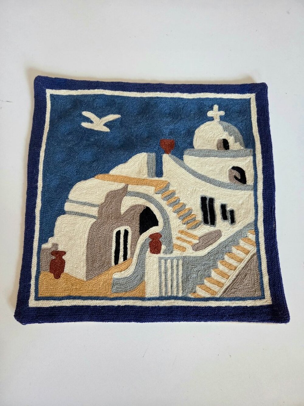 Handmade Embroidery Chain Stitch Cushion Cover with Greek Scene